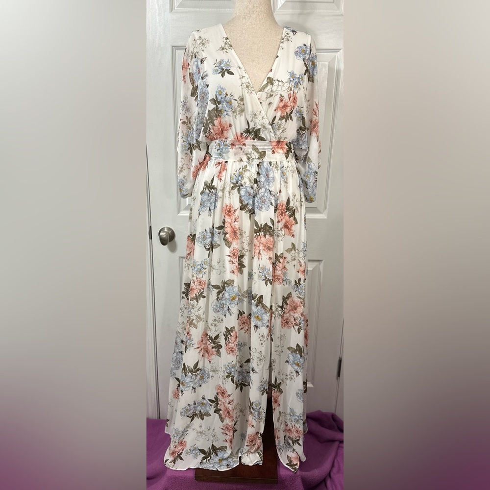 Floral Wrap Maxi Dress - White with Pink & Blue Flowers